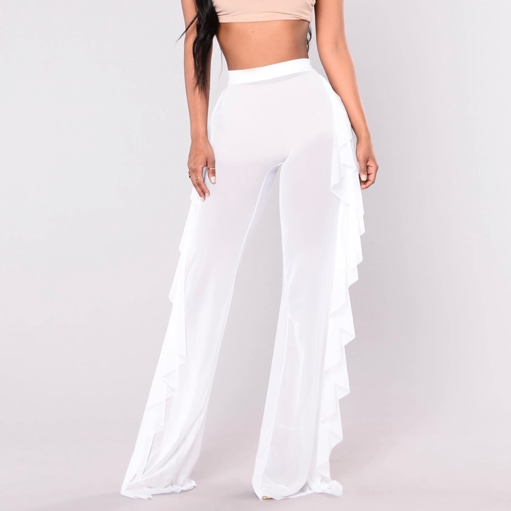 Super fun Fashion Nova Sheer, side ruffle cover up pant. Elastic waist, size XS